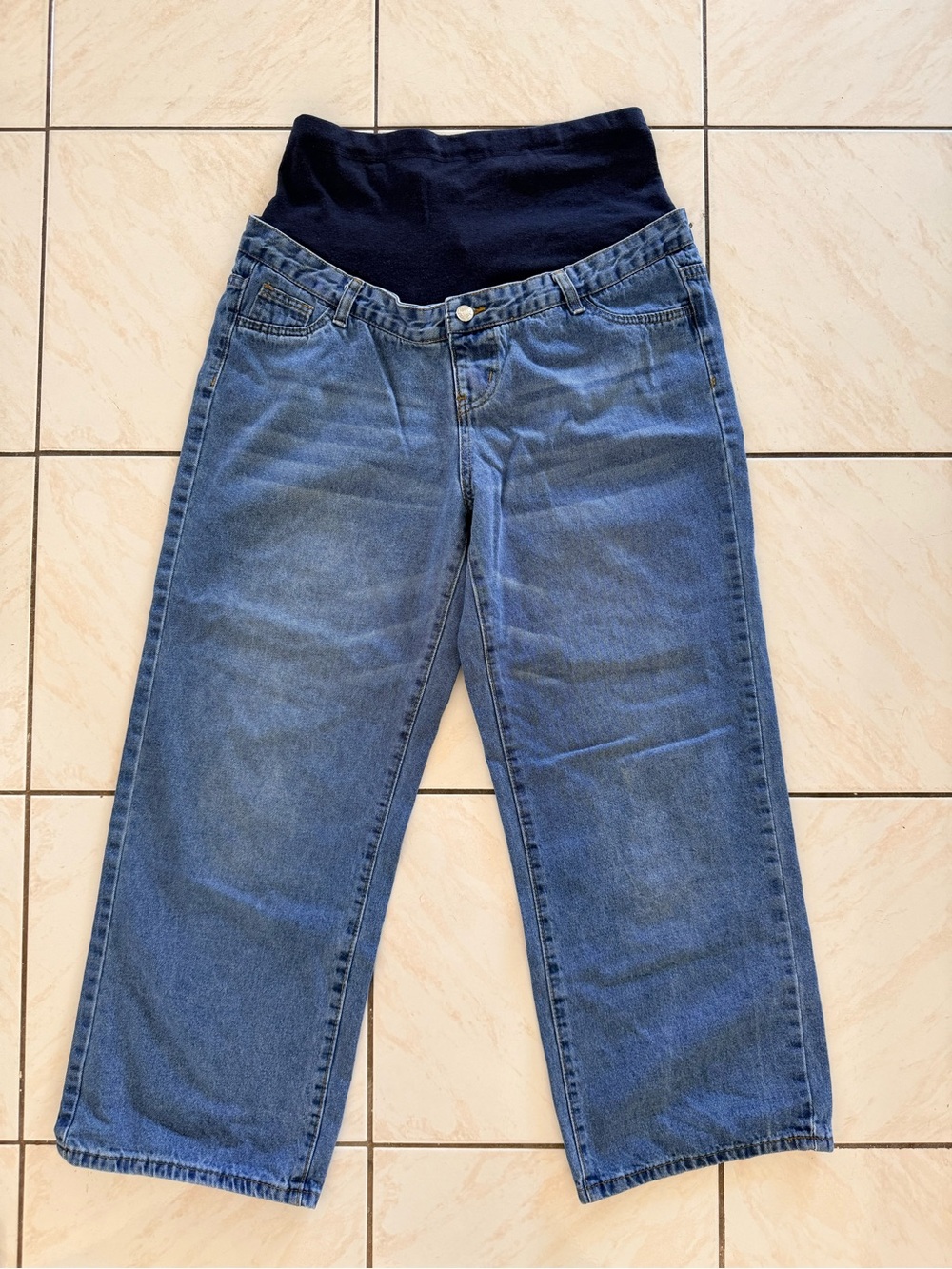 SHEIN Blue Maternity Boyfriend Jeans with Black Waistband